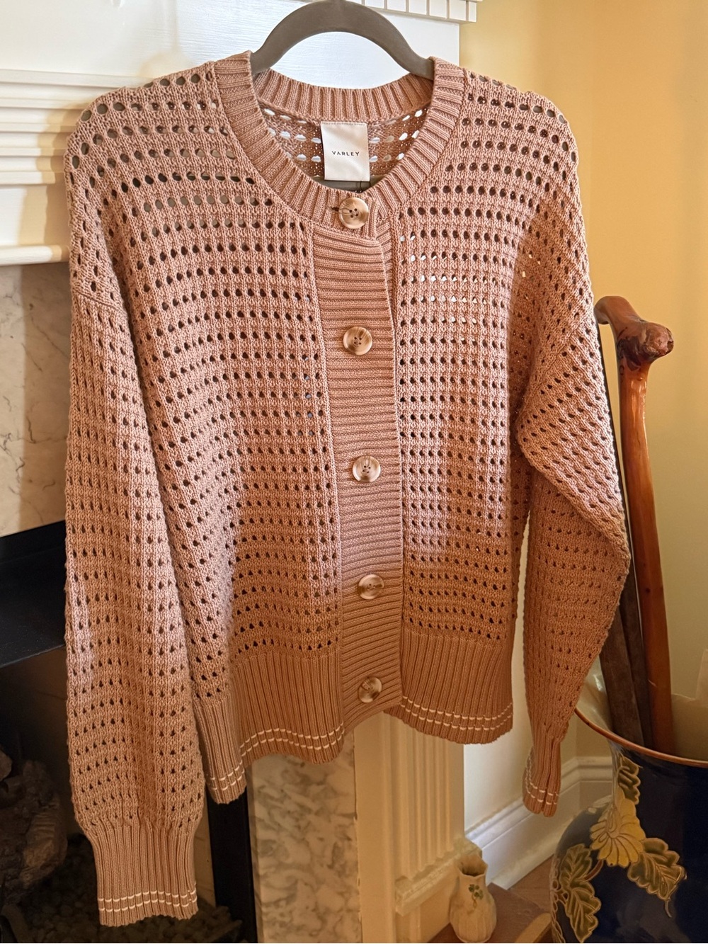 NWT VARLEY Open Weave relaxed fit cardigan, small, taupe with white trim